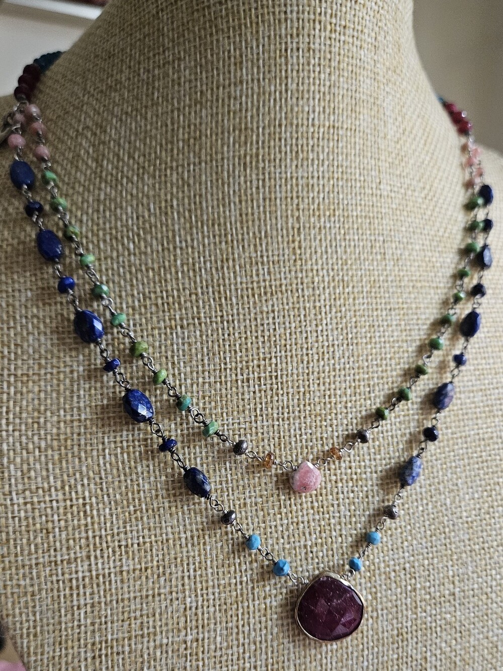 NWOT..."Sundance Catalog" Multi-Strand Mixed Gemstone Necklace with Pink Pendant